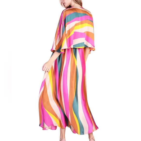 #47. NWT Women’s Colorblock Stripe Kimono Maxi Lined Dress Super Silky - Picture 2 of 3
